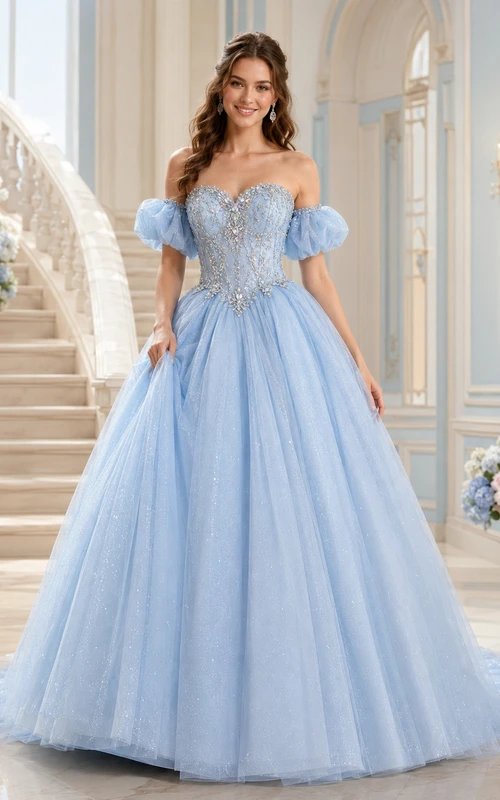 Sky Blue Off Shoulder Puff Sleeve Glitter Tulle Ball Gown Chapel Train Quinceanera Dress