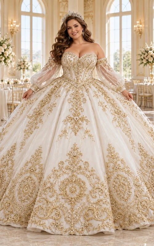 Vestido de novia largo de manga larga con escote corazón y hombros descubiertos, estampado floral dorado y bordados ornamentados.