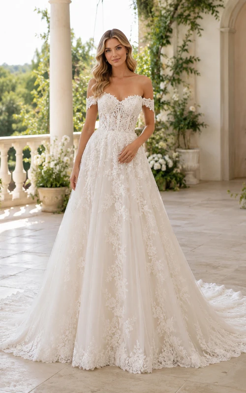 Robe de mariée en dentelle et tulle, coupe trapèze, épaules dénudées, traîne chapelle
