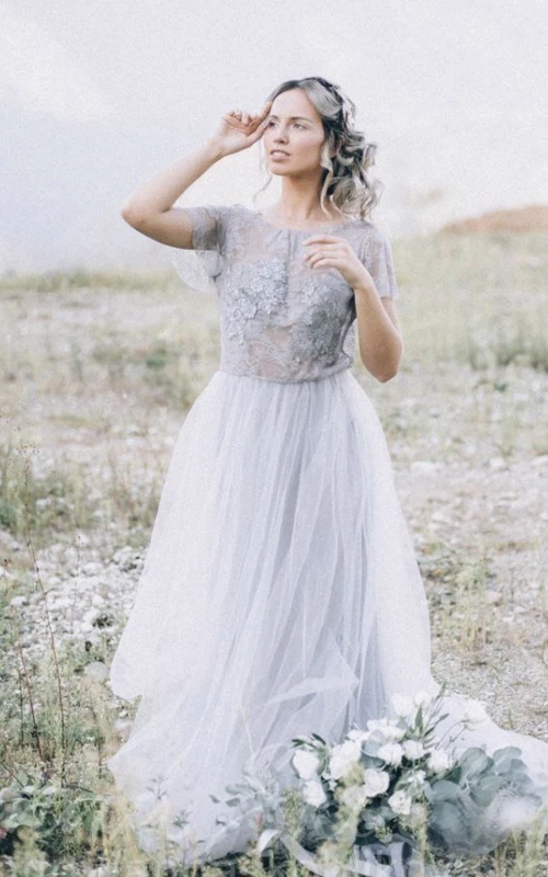 Vestido de novia bohemio sencillo de tul con apliques de encaje y espalda descubierta