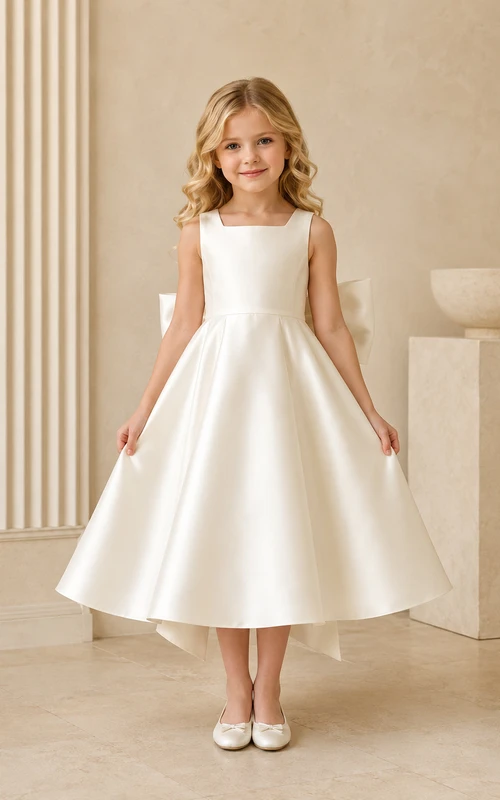 Flower Girl Dress Ivory Satin A-Line Jewel Neck Tea Length Bow Detail