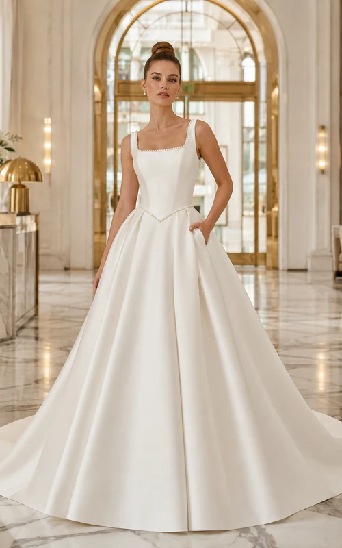 Robe de bal plissée en satin, col carré, sans manches, traîne cathédrale, nœud sculptural, robe de mariée pour une destination de mariage