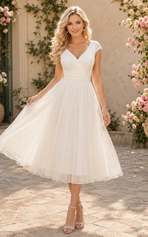 V-Neck Sleeveless Tulle A-Line Tea-Length Garden Wedding Dress