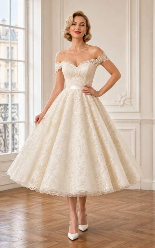 Vestido de recepción nupcial vintage de los años 50, largo hasta la rodilla, con hombros descubiertos y encaje, corte en A.
