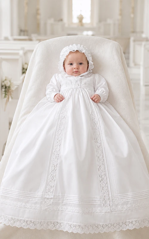 Classic Baby Christening A-Line Long Sleeve Cotton Lace Gown Vintage Modest