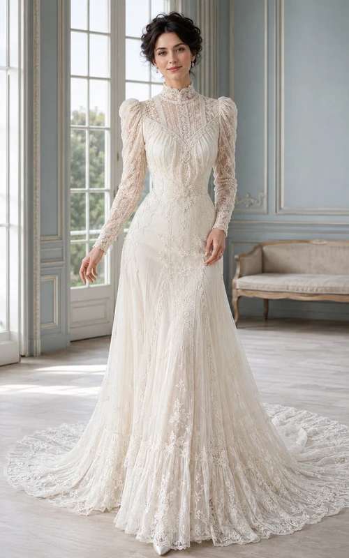 Vestido de novia blanco de encaje, estilo sirena, de manga larga y corte modesto, de estilo vintage.