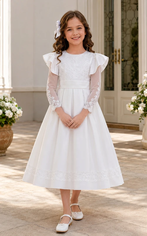 Weißes, abnehmbares Ärmelspitzenkleid in Teelänge für Kommunion und Blumenmädchen