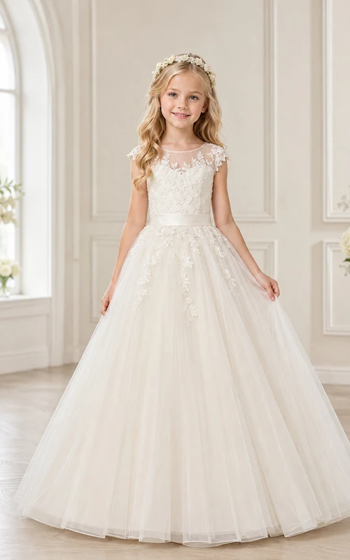 Vestido de gala de tul con mangas cortas y encaje floral, largo hasta el suelo, con lazo, para niña de las flores de boda.