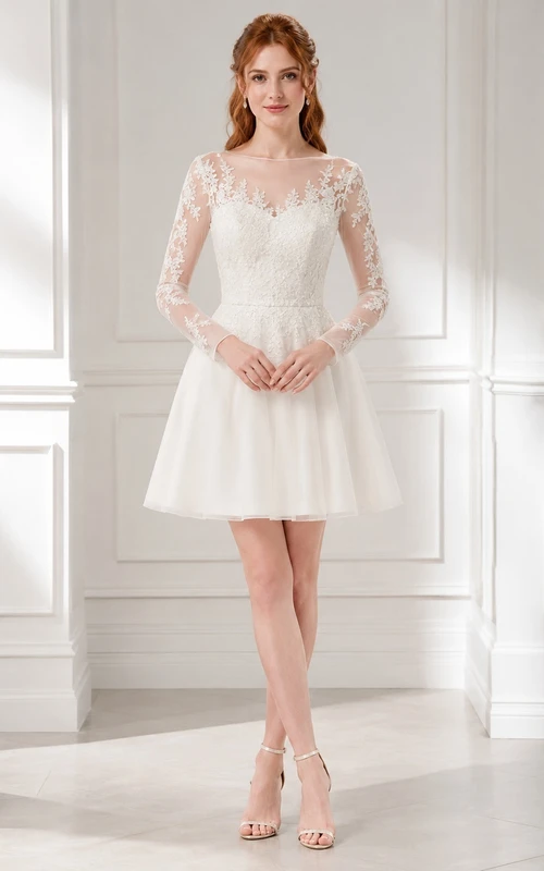 Illusion Lace Bateau Long Sleeve Tulle Short A-Line Wedding Dress