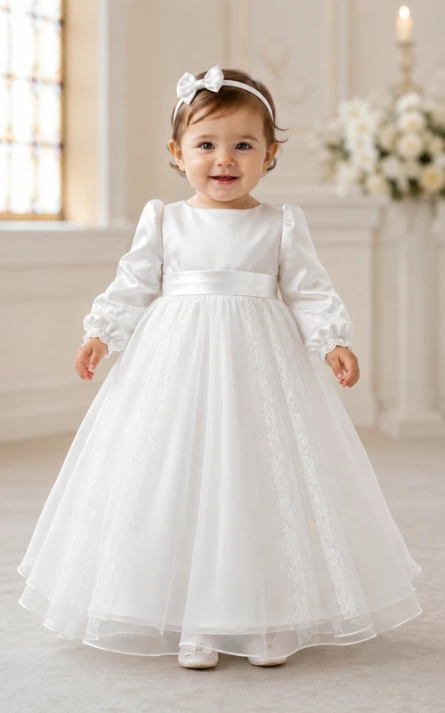 Baby Christening Gown Modest A-Line Long Sleeve Tulle Lace Floor-Length with Bow Sash in White