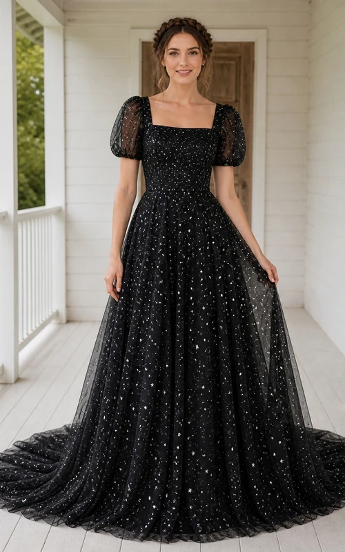 Black Luxury Puff Sequin Ball Gown Square Neck Short Sleeve Floor-length Evening Dress