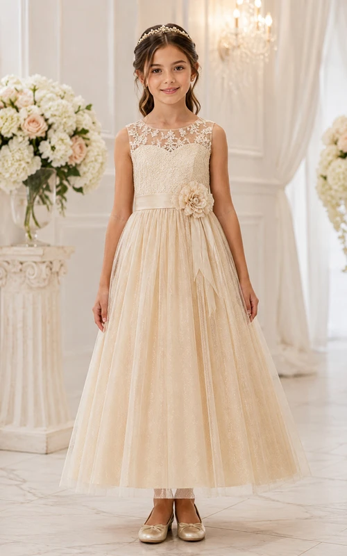 Champagnerfarbenes A-Linien-Blumenmädchenkleid aus Spitze mit floralen Details und Schleifenschärpe