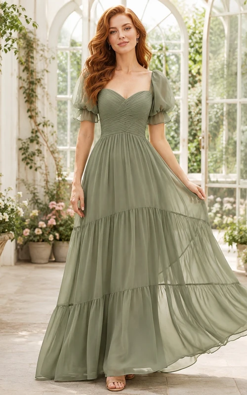 Sage V-Neck Short Sleeve Chiffon A-Line Floor-length Tiered Garden Dress