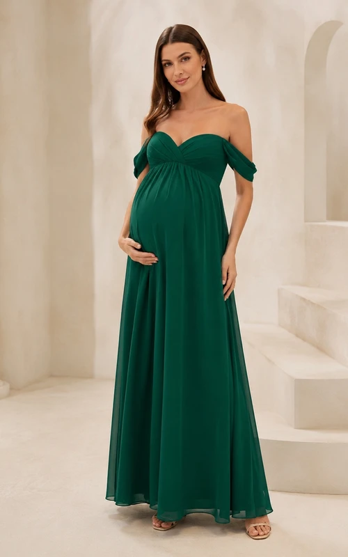 Dunkelgrünes Umstandskleid aus Chiffon mit schulterfreiem Ausschnitt, Empire-Taille und bodenlang