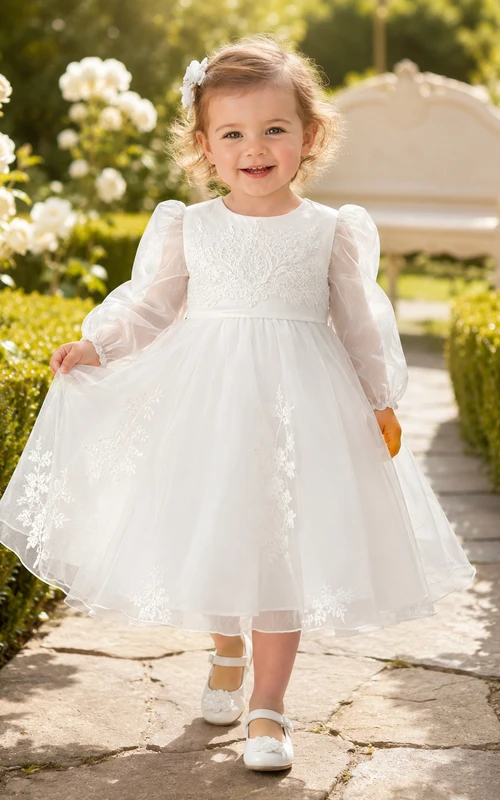 Baptism Dress A-Line Organza Tulle Jewel Neck Long Sleeve Tea-Length