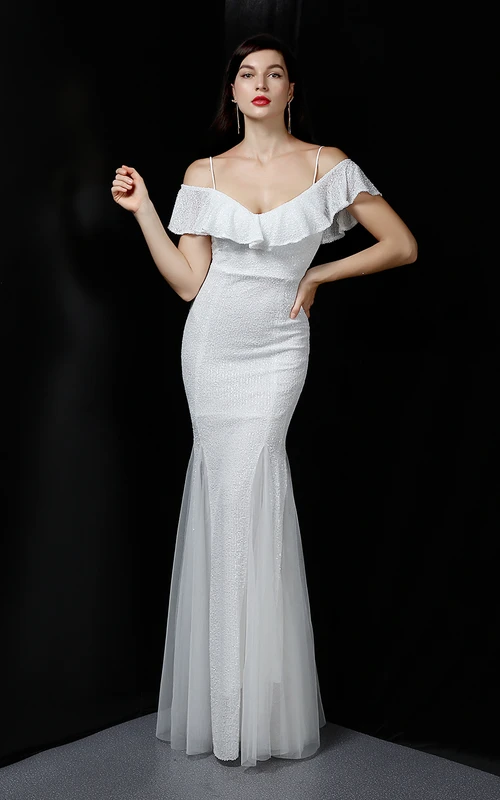 Robe de soirée élégante à franges et sequins en fil de polyester, style sirène, idéale pour un banquet ou une occasion spéciale automne.