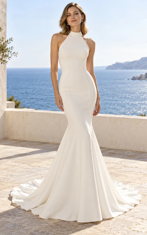 Simple High Neck Halter Satin Mermaid Sweep Train Wedding Dress
