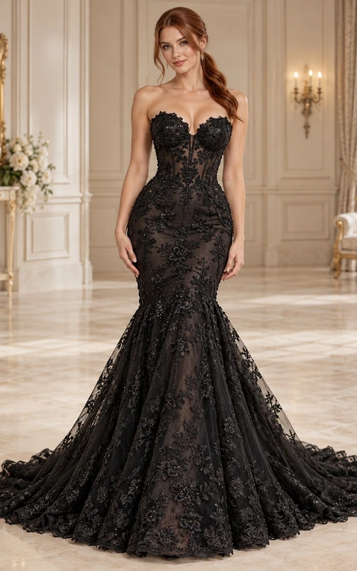 Black Mermaid Strapless Sweetheart Floral Lace Train Bridal Wedding Dress