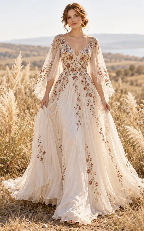 Boho V-neck Warm Floral Embroidered Bell Sleeve A-line Wedding Dress