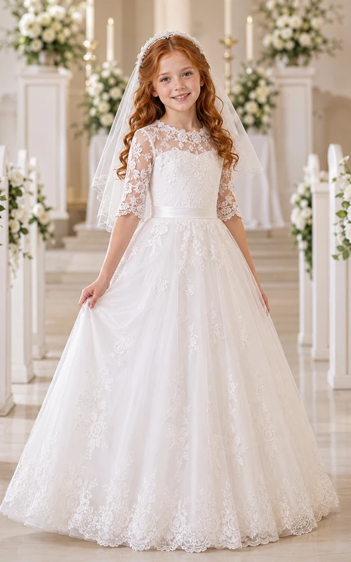 Robe de demoiselle d'honneur en tulle et dentelle transparente à manches longues pour communion