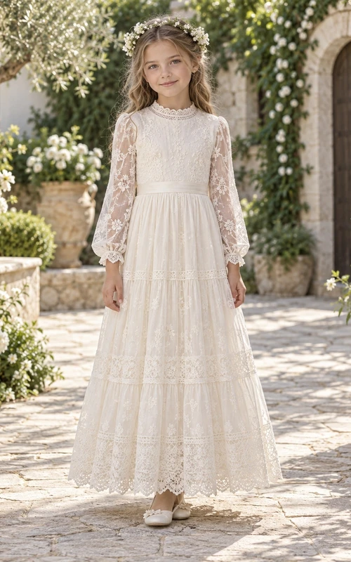Schlichtes, langärmeliges, elfenbeinfarbenes Kommunionkleid mit hohem Kragen und Spitze