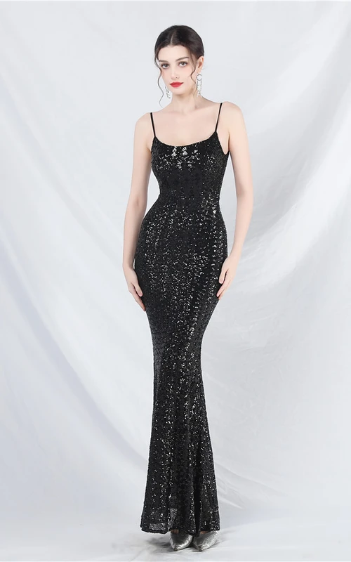 Vestido de noche de tirantes con lentejuelas iridiscentes de alta gama