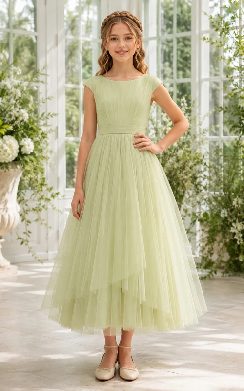 Zitronengrasfarbenes Brautjungfernkleid, A-Linie, Teelänge, Rundhalsausschnitt, ärmellos, Tüll, gestuft, romantisch, formell