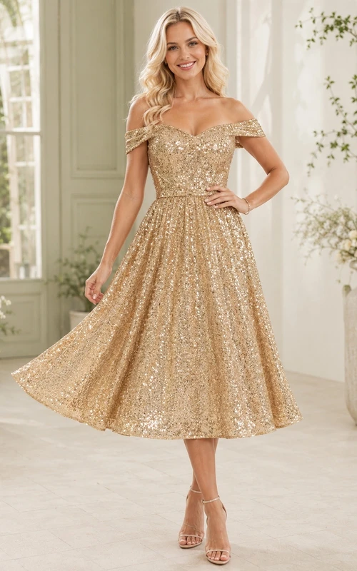 Robe trapèze à sequins dorés, épaules dénudées, manches courtes, longueur thé