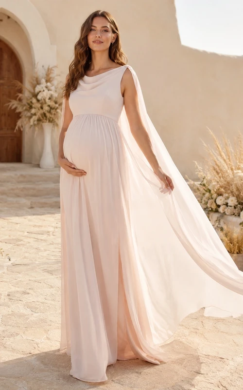 Vestido de novia de maternidad sencillo, estilo imperio, color rosa empolvado, largo hasta el suelo, con capa.