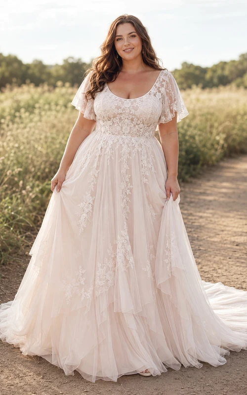 Plus Size Cap Sleeve V-Neck Lace A-Line Wedding Dress with Tulle Train
