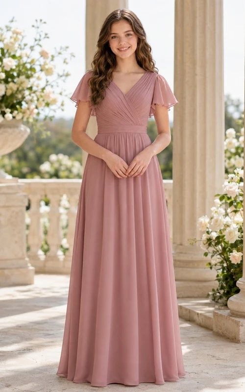 Vintage-Brautjungfernkleid in Mauve, A-Linie, V-Ausschnitt, kurze Blütenblattärmel, elegant und romantisch