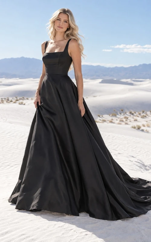 Vestido de novia negro sencillo sin mangas con escote cuadrado, de satén, con costuras y cola larga plisada.