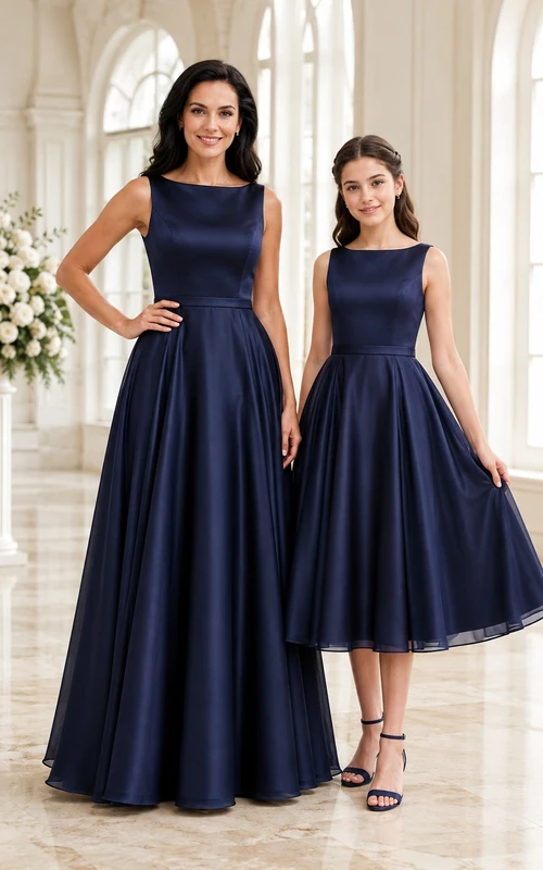 Dunkelblaues, elegantes Brautjungfernkleid für junge Frauen in A-Linie mit Schmucksteinen, ärmellos, aus Satin