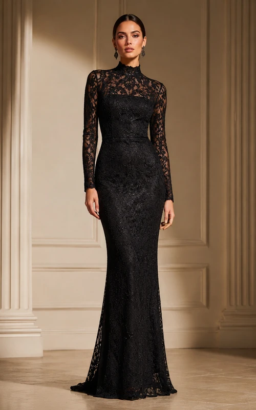 Black High Neck Long Sleeve Lace Sheath Wedding Dress