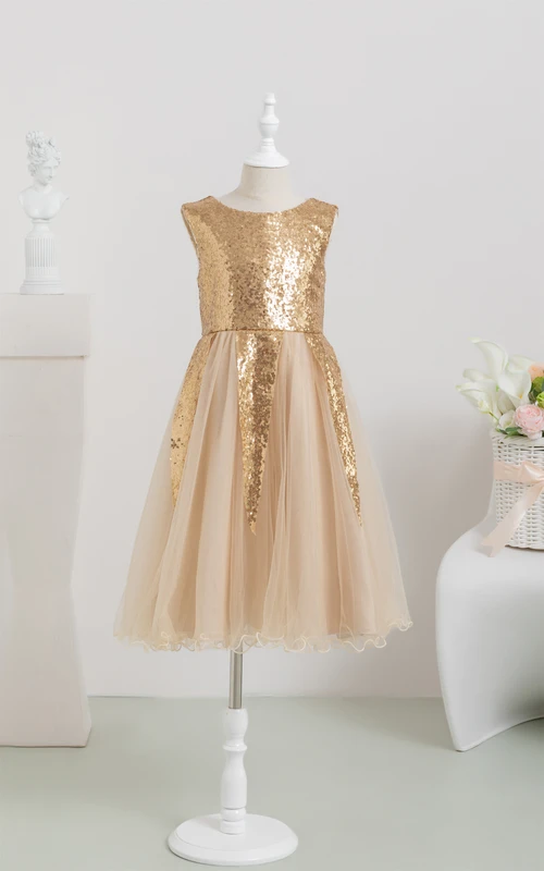 Paillettenbesetztes Tüll-Blumenmädchenkleid in A-Linie mit Falten und Reißverschluss hinten