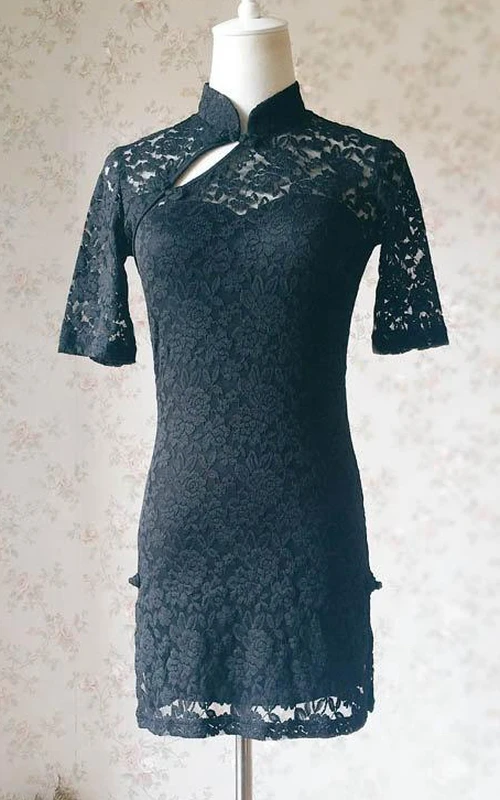 Robe d'été courte en dentelle noire style chinois, mini-robe noire, robe de bal noire, robe de mariée noire à manches courtes sur mesure