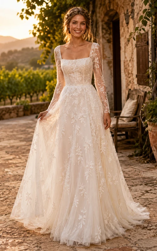 Robe de mariée champêtre en dentelle à manches longues et col carré