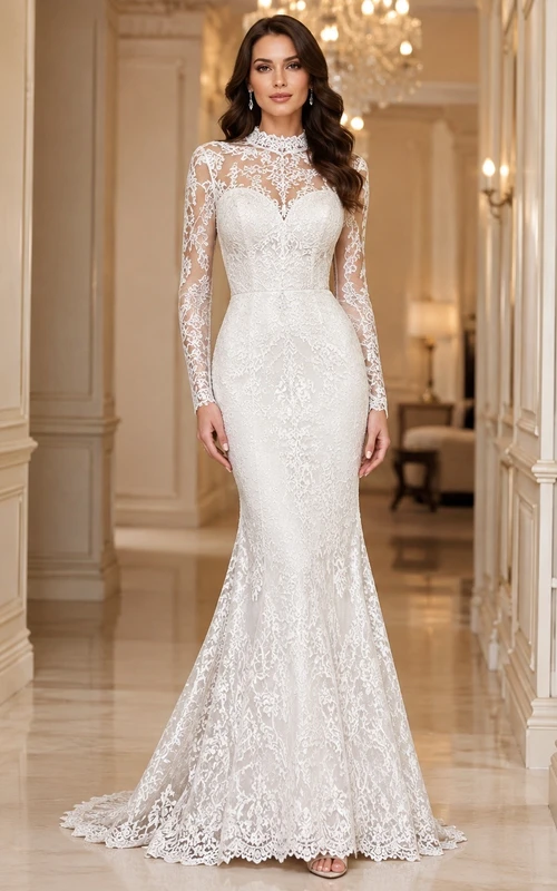 Vestido de novia de lujo largo hasta el suelo, estilo sirena, con mangas largas y cuello alto, encaje.