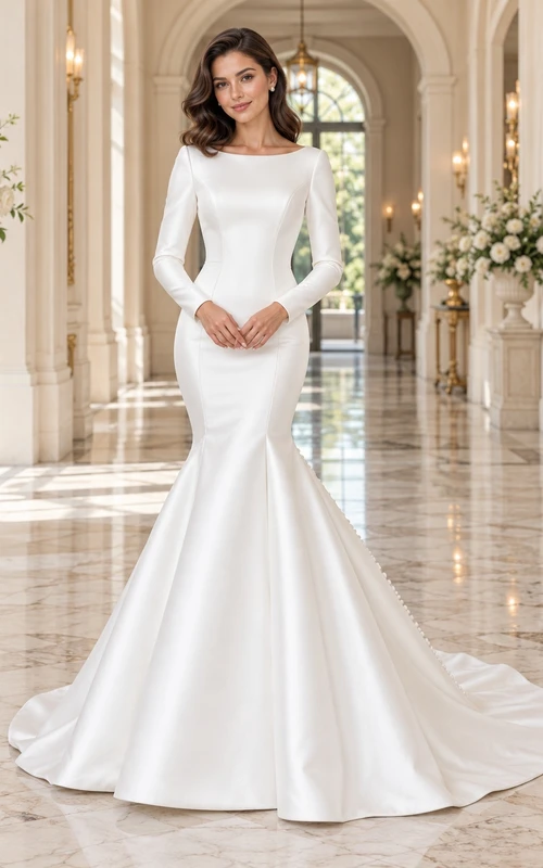 Simple Mermaid Long Sleeve Bateau Neck Satin Button Wedding Dress