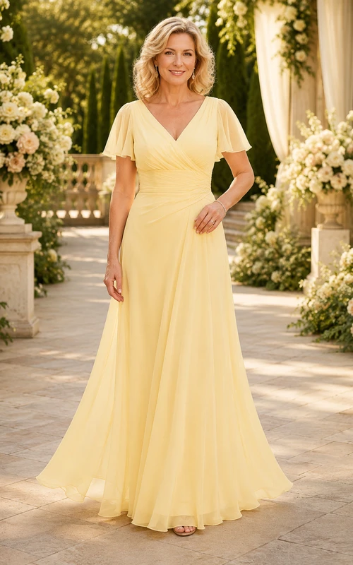 Narzissengelbes Chiffon-Kleid in A-Linie mit V-Ausschnitt und Volantärmeln