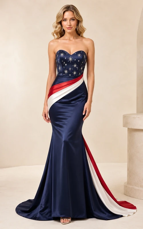 Dark Navy Strapless Sleeveless Beaded Satin Mermaid Floor-length Sweep Draped Luxury Formal Gown