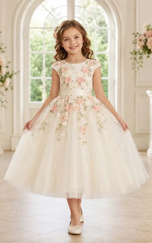 Blumenmädchen-Gartenkleid aus Tüll mit floralen Applikationen, Teelänge und kurzen Ärmeln