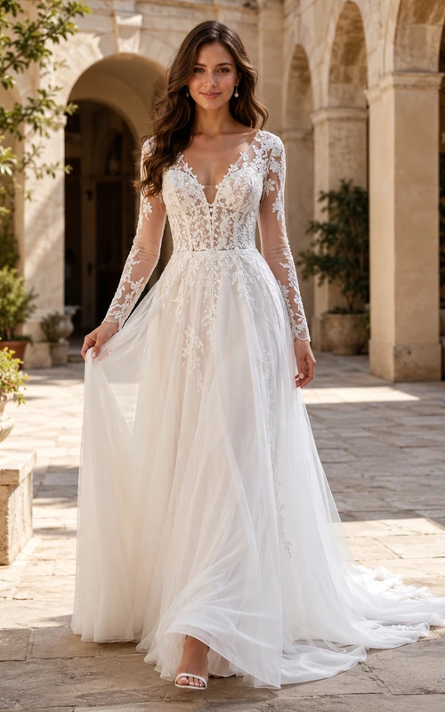 Robe de mariée romantique en mousseline de soie, col en V, manches longues en dentelle, coupe trapèze, dos nu et traîne chapelle, ornée d'une longue traîne chapelle et d'une robe trapèze à manches longues en dentelle.