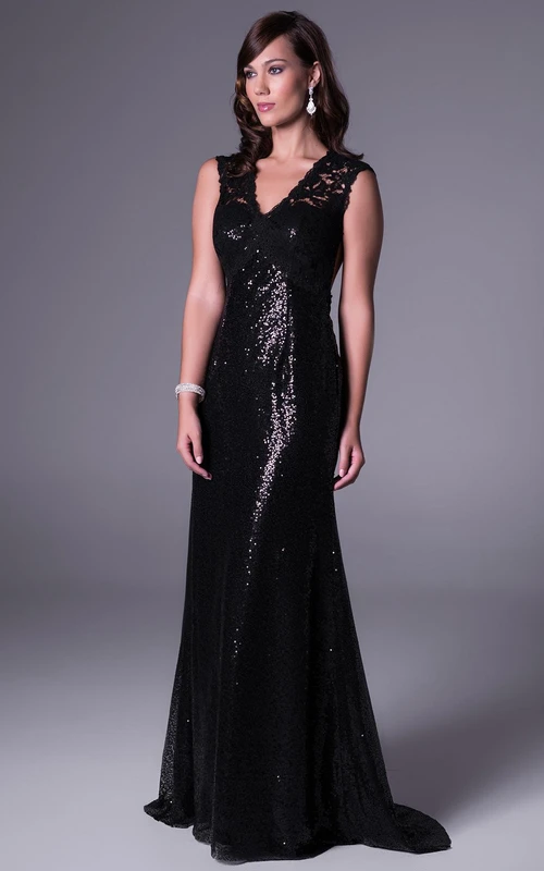 Vestido de fiesta largo hasta el suelo, sin mangas, con escote en V, de encaje y lentejuelas.
