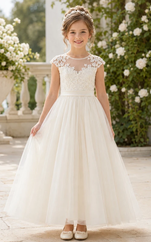 Flower Girl Dress Ivory Lace Tulle A-Line Jewel Neck Tea Length