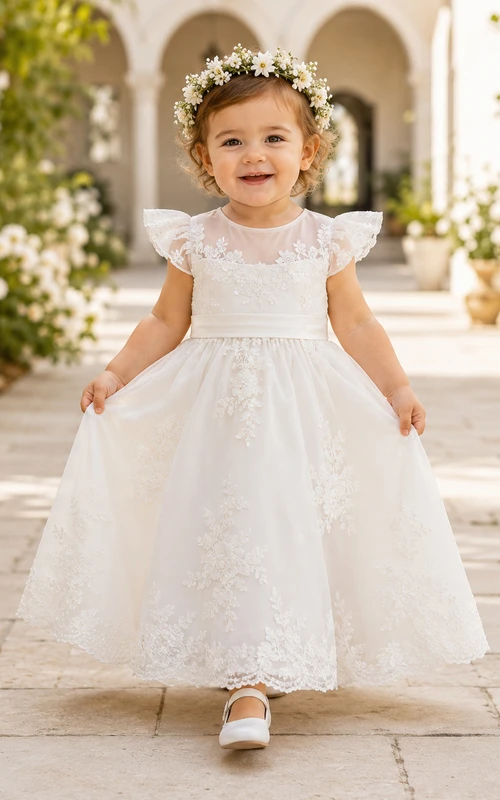 Baby Baptism Christening Ceremony Dress A-Line Ankle-Length Jewel Neck Cap Sleeve Tulle Lace Bow Back Button Back