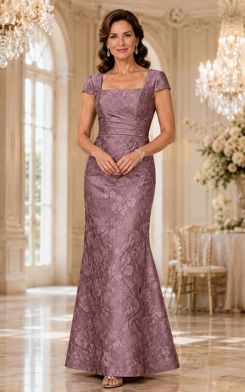 Vintage-Luxuskleid in Mauve-Tönen, bodenlang, im Meerjungfrauenstil, mit eckigem Ausschnitt, kurzen Ärmeln und Schleppe – perfekt für die Mutter der Braut.