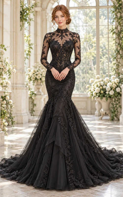 Black Mermaid Long Sleeve High Neck Lace Panel Wedding Dress