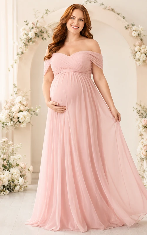 Rosafarbenes, schulterfreies Chiffon-Umstandskleid in Übergröße für Babypartys und Garten