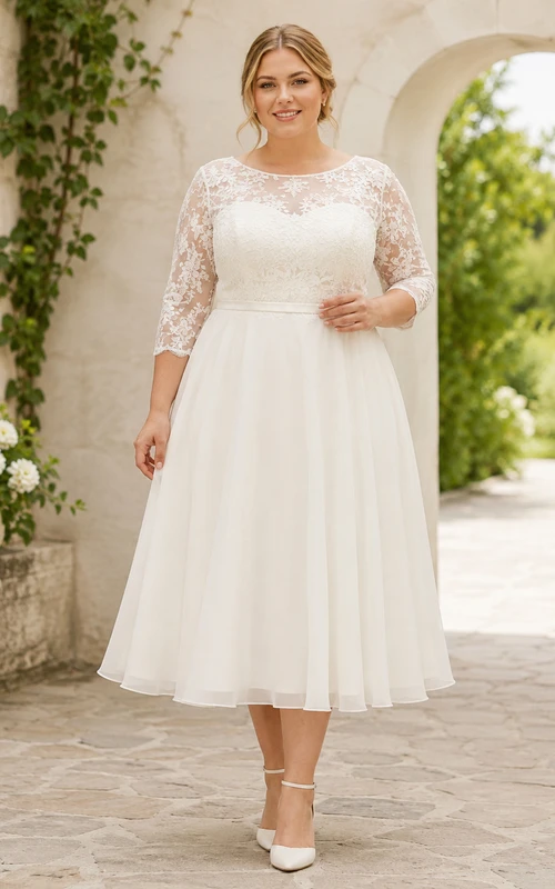 Robe de confirmation ivoire grande taille, coupe bateau, trois-quarts, en mousseline de soie et dentelle, longueur thé.